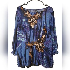 NWT East 5th Woman Sheer Blue Black Breezy Blouse Lightweighted Top Sise 2X